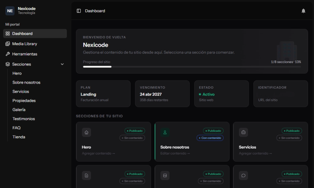 Dashboard de administración en Nexicode Studio
